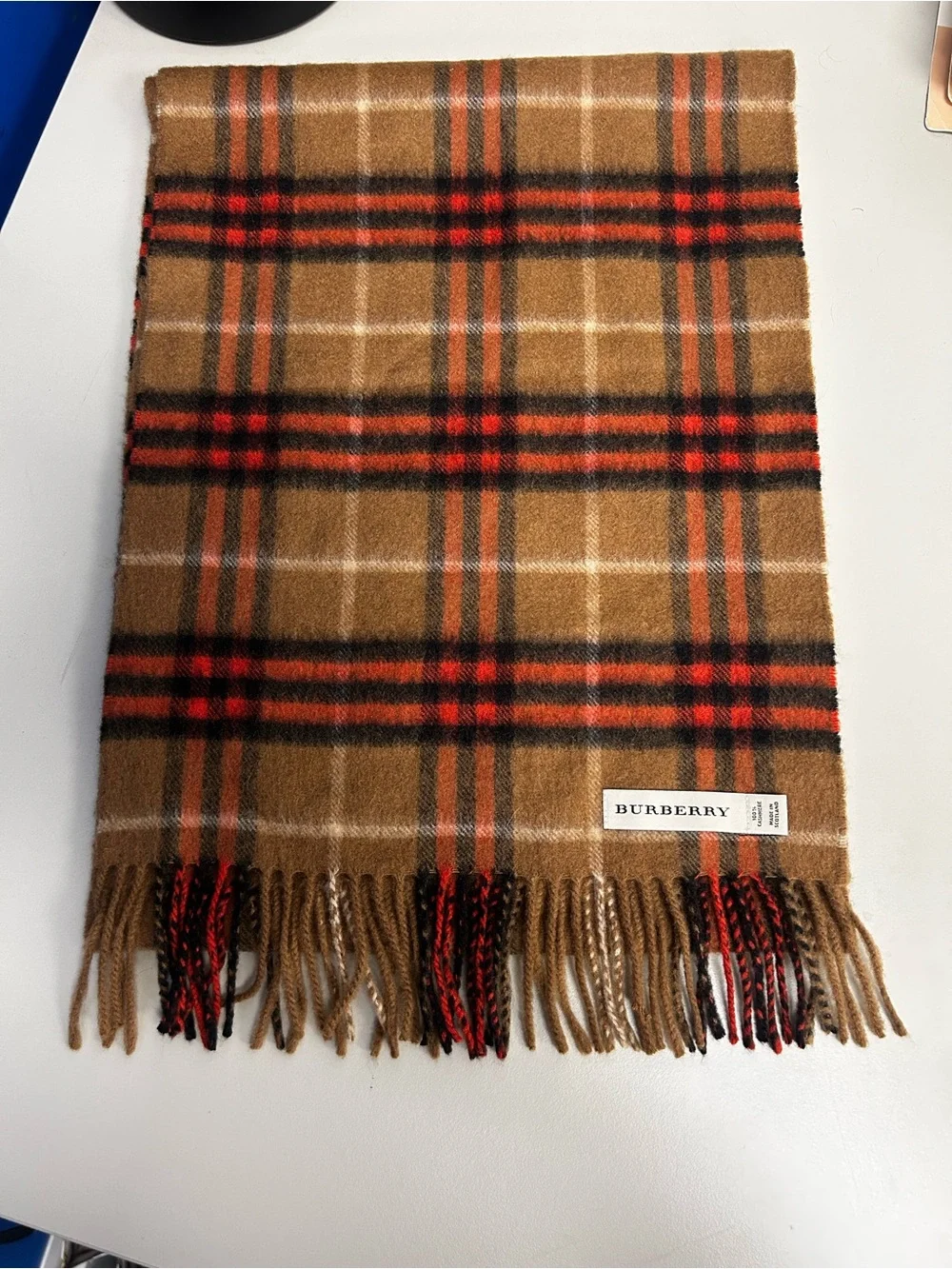 Burberry Camel Plaid Cashmere Scarf with Red and Black Accents
